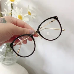 Retro Metal Frame Optical Plano Glasses for Women and Men Round Oversized Cat Eye Eyeglasses Anti Blue Light Blocking Eyewear