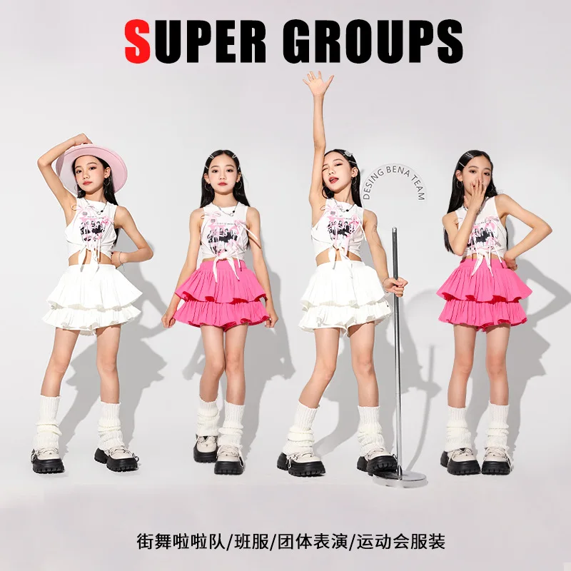 Girls Jazz Dance Costume Kids Cheerleading Performance Practice Clothes White Tops Pink Skirt Teenagers Hip Hop Dance Outfits