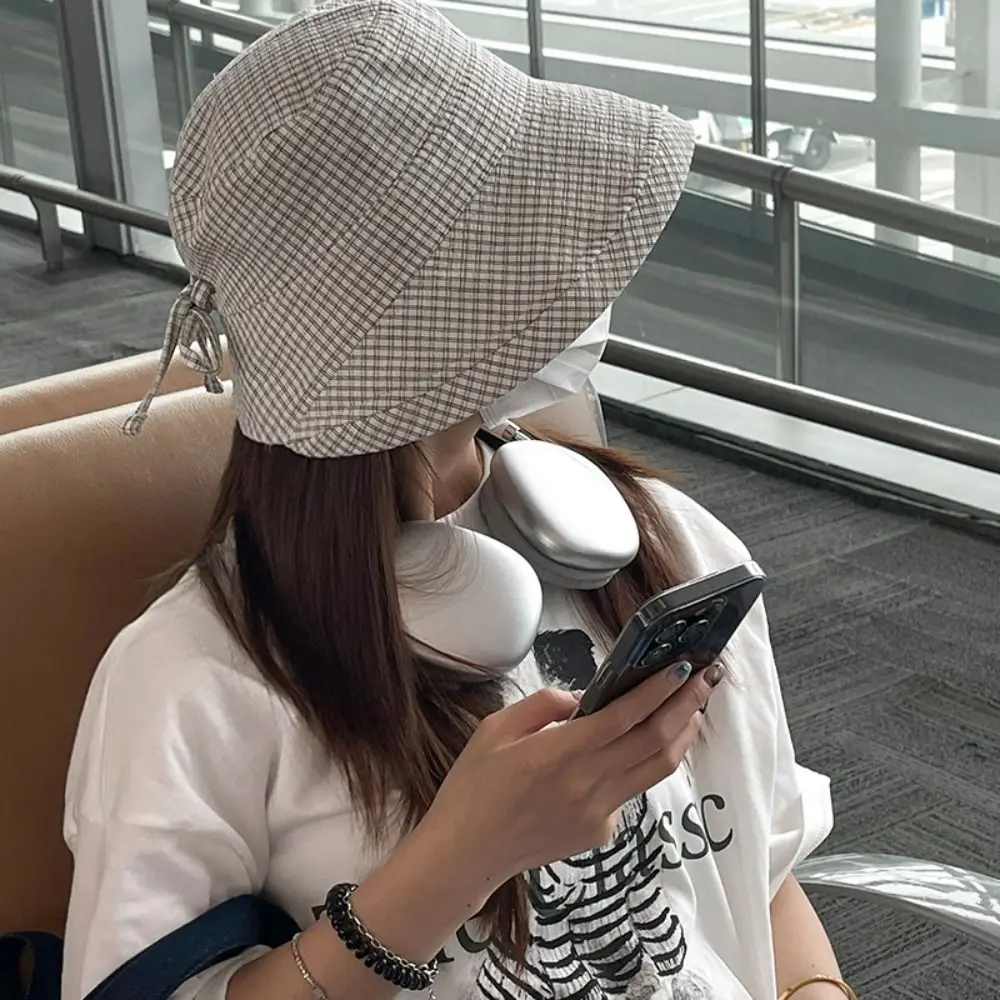 

Fashion Summer Plaid Bucket Cap Quick-dry Bow Plaid Sun Hat Foldable Curled Fisherman Caps Outdoor