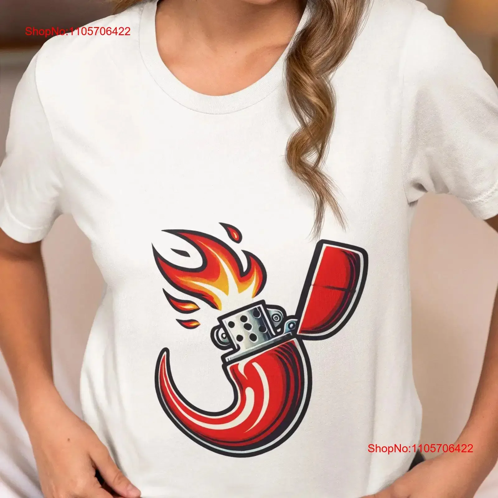Red Hot Chili Pepper Flame Lighter Design T Shirt Bold Spicy Novelty Cool Unique for Casual Wear Top vintage Washed