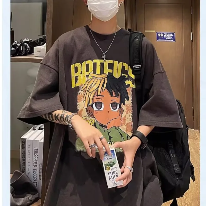 

Trendy Cartoon Short Sleeve T-Shirt Loose Fit Hip Hop High Street Large Size Half Sleeve Body Shirt for Men Summer American R...