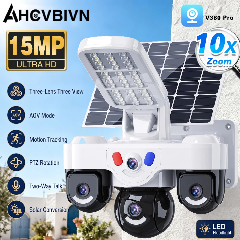 Outdoor Solar CCTV Camera 15MP Three‑Lens AOV Mode PTZ 10X Zoom Motion Tracking With Solar LED Light Home Security Camera