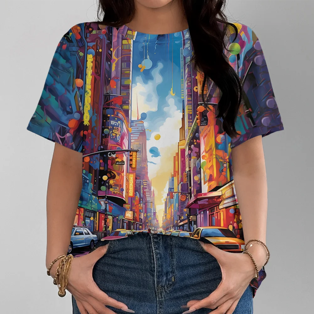 

Женская футболка с ярким городской пейзажем и художественным принтом, повседневная модная удобная летняя футболка унисекс с короткими рукавами Y2K, уличная одежда