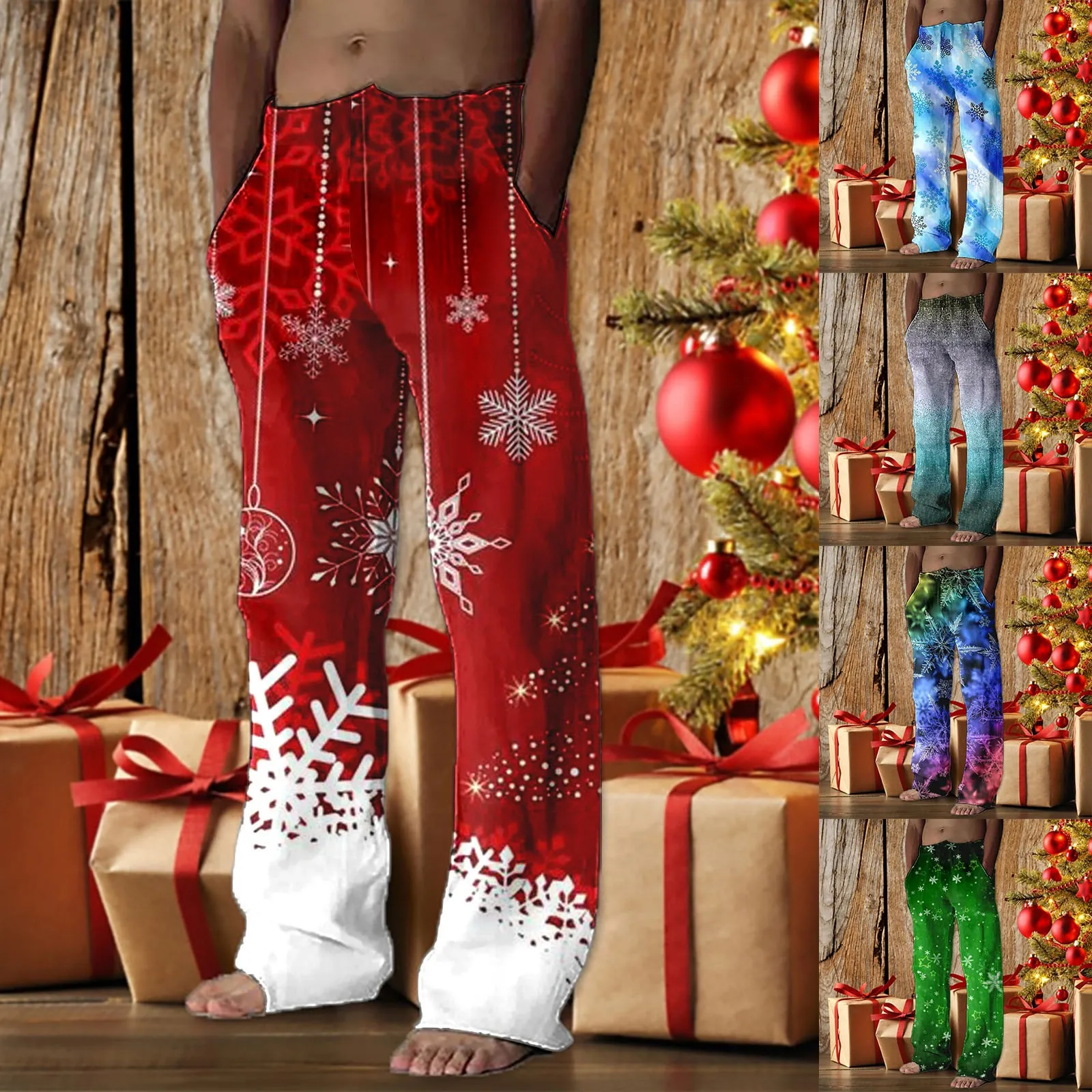 Mens Christmas Casual Navidad Pants Festive Special Tie Dye Layered Snowflake Print Casual Pants Wide Leg Pants Casual Exercise