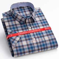 Camisa Oxford de manga corta para hombre, ropa Formal de corte Regular, suave, a cuadros, 100% algodón, para verano, S-7XL