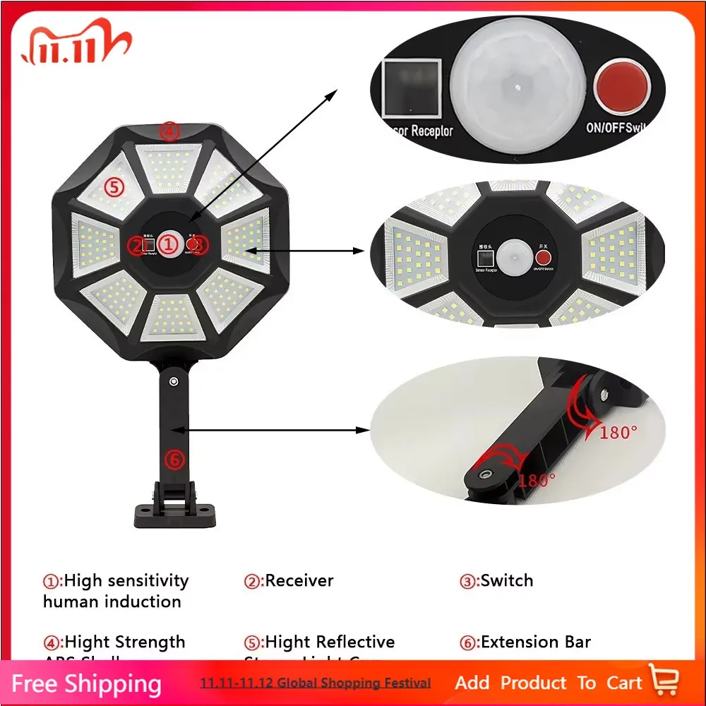 

Outdoor Solar Flood Light 168LED Motion Sensor IP65 Waterproof Octagonal Design Dusk to Dawn 360° Adjustable Parking Lot Lights