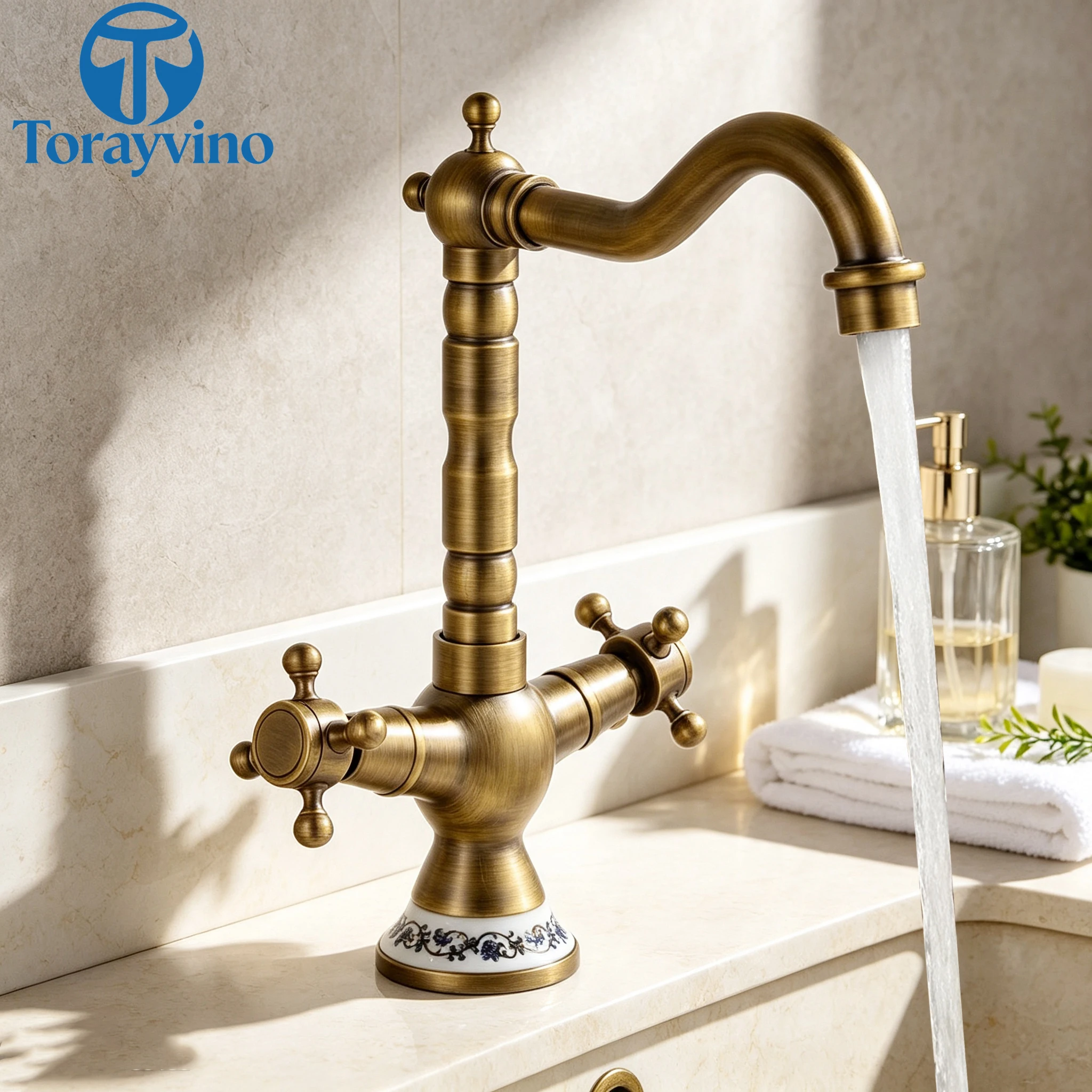 Torayvino Luxury Bathroom Basin Antique Brass Single Handle Faucets 360 Swivel Spout Sink Hot Water Faucet Mixer Tap For Kitchen