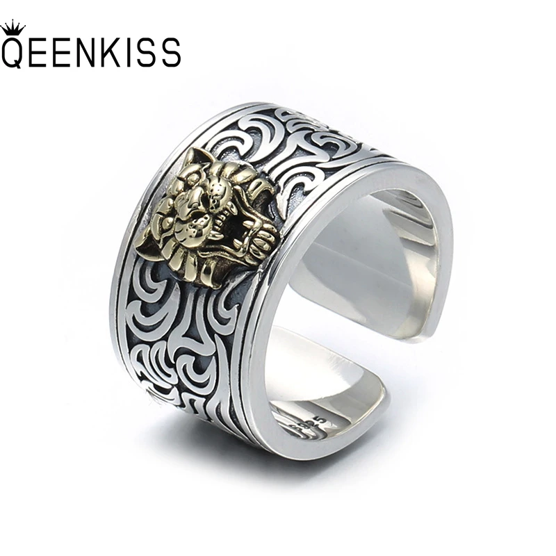 

QEENKISS RG6941 Fine Jewelry Party Birthday Wedding Christmas Gift Vintage Tiger Silver Adjustable Ring for Men Father Boyfriend