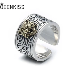 QEENKISS RG6941 Fine Jewelry Party Birthday Wedding Christmas Gift Vintage Tiger Silver Adjustable Ring for Men Father Boyfriend