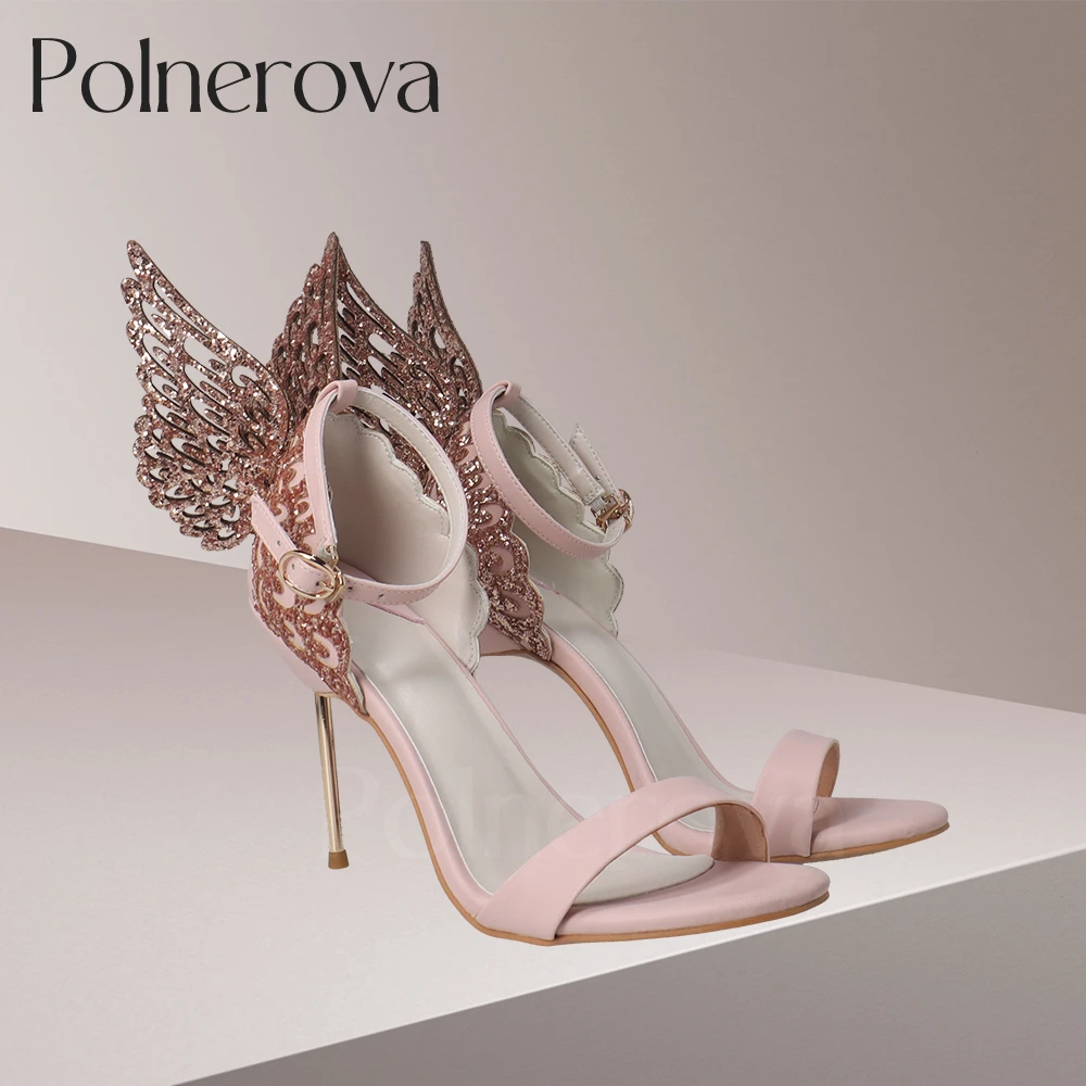 Pink Glitter Angel-Wing Sandals Luxurious Designer Style Stiletto Summer Shoes Round Toe Vivid Butterfly Women Handmade Sandals