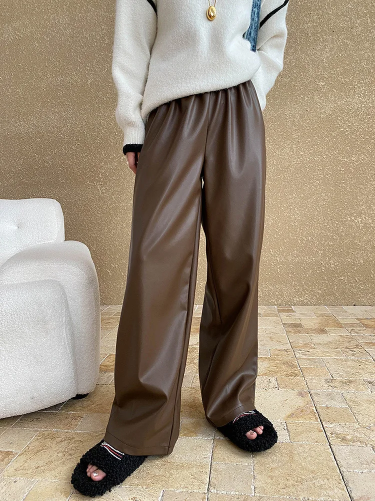 

High Elastic Waist Coffee Pu Leather Long Wide Leg Pants New Trousers Women Fashion Tide Spring Autumn