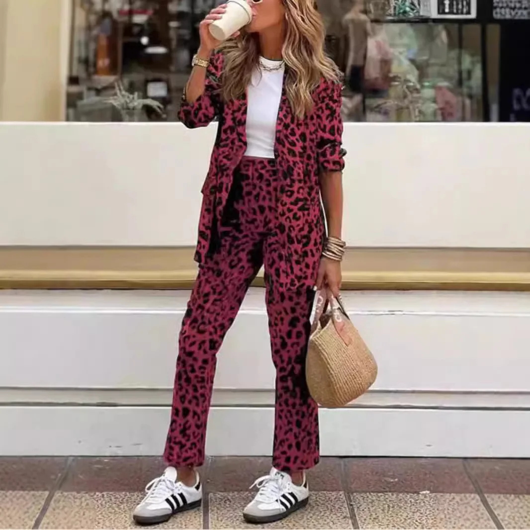 Fashion Leopard Print Women\'s Two Piece Sets Elegant Office Ladies Suit Lapel Long Sleeve Blazer Coat Long Pants Casual Outfits