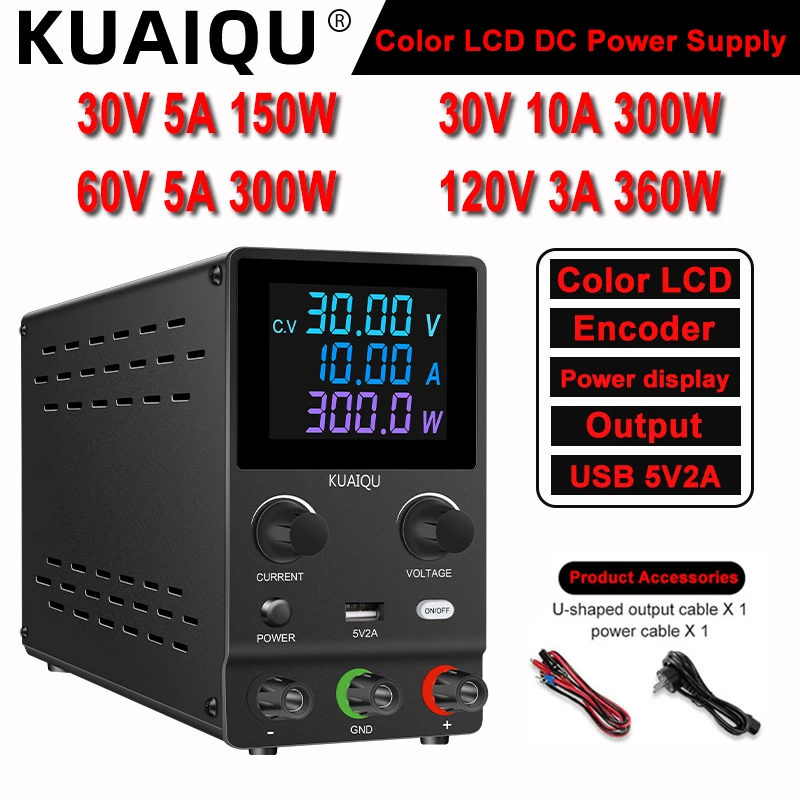 30V 10A Color LED Display Adjustable Power Supply Laboratory Voltage Stabilize Output Switch USB 5V2A Dual Knob Encoder 120V 3A