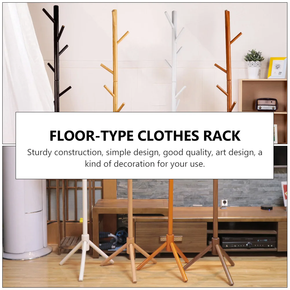 

1pc Wooden Coat Rack Floor-Type Clothes Hanger Hat Storage Hook Brown Sturdy Space-Saving Multi-Functional Household