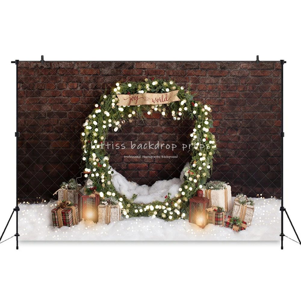 Christmas Wreath Brick Wall Backdrops Kids Baby Photography Child Adult Photocall Decors Snowy Floor Xmas Backgrounds