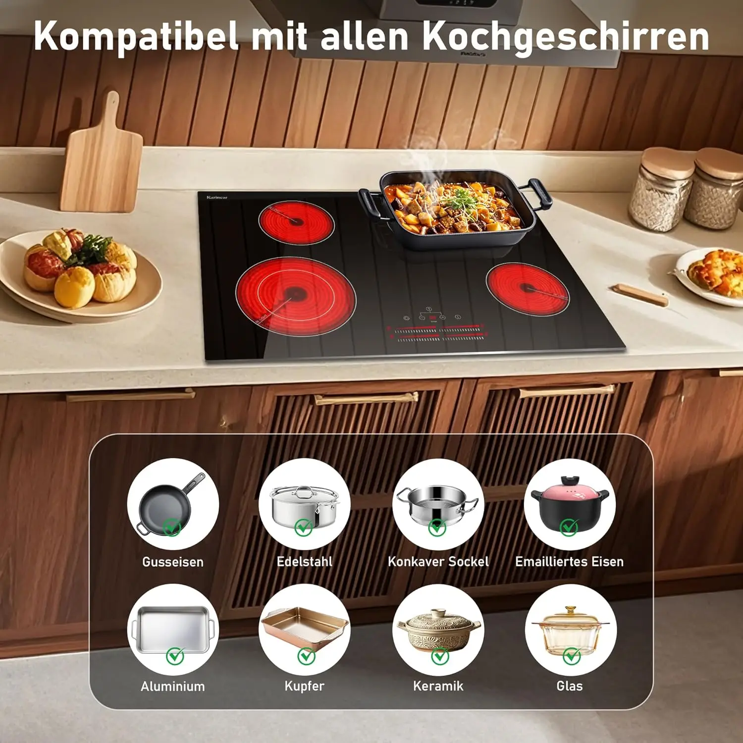 Karinear Placa vitrocerámica 4 fuegos 77 cm, Control deslizante, zona de expansión de doble bucle, 9 niveles de potencia, temporizador, cierres de seguridad