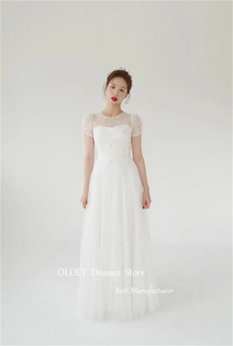 Oloey Vintage Tüll eine Linie Korea Brautkleider Fotoshooting O-Ausschnitt kurze Ärmel boden lange Brautkleider Korsett zurück