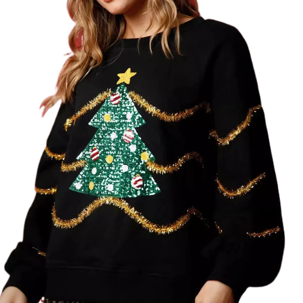 2024 Autumn New style Women\'s Christmas Christmas tree Sequins Stripes Long Sleeve Casual Sweatshirt