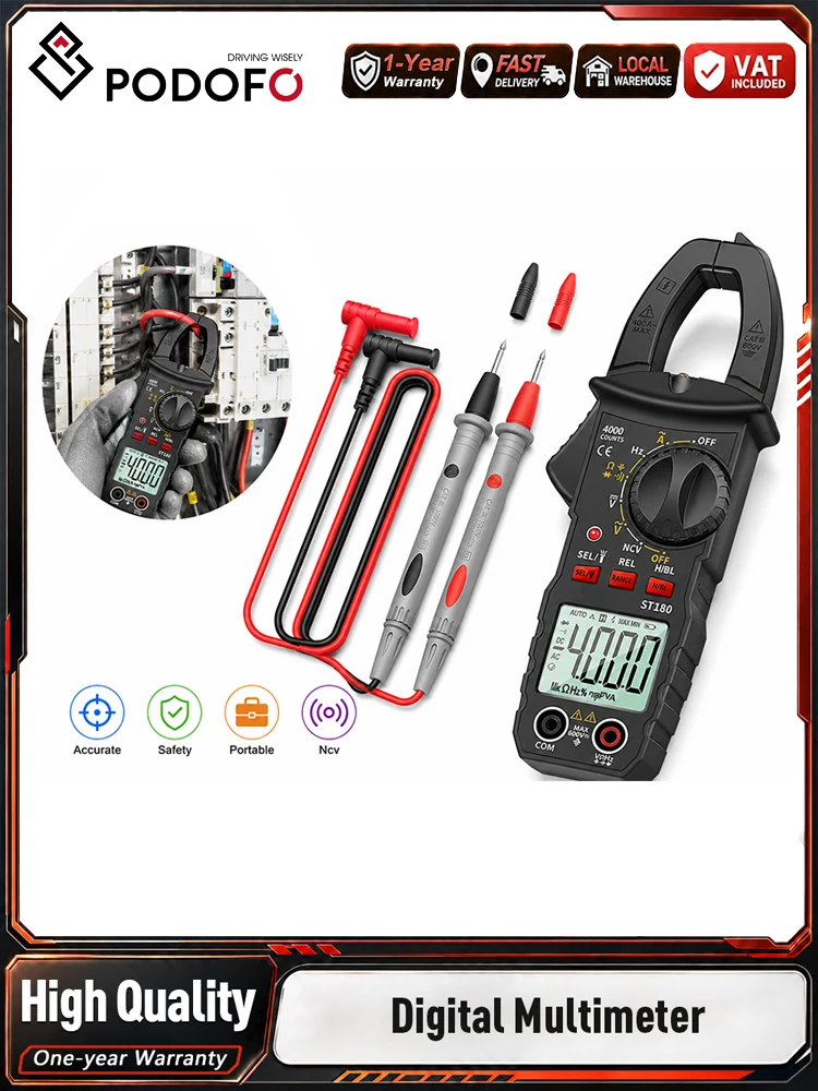 Podofo 4000 Counts Digitales Zangenmultimeter mit Auto-Range-Funktion, Handheld-Stromzangenmessgerät, NCV-Stromfrequenzdetektor, Hintergrundbeleuchtung, Datenspeicherung, AC-Strom-, Spannungs-,