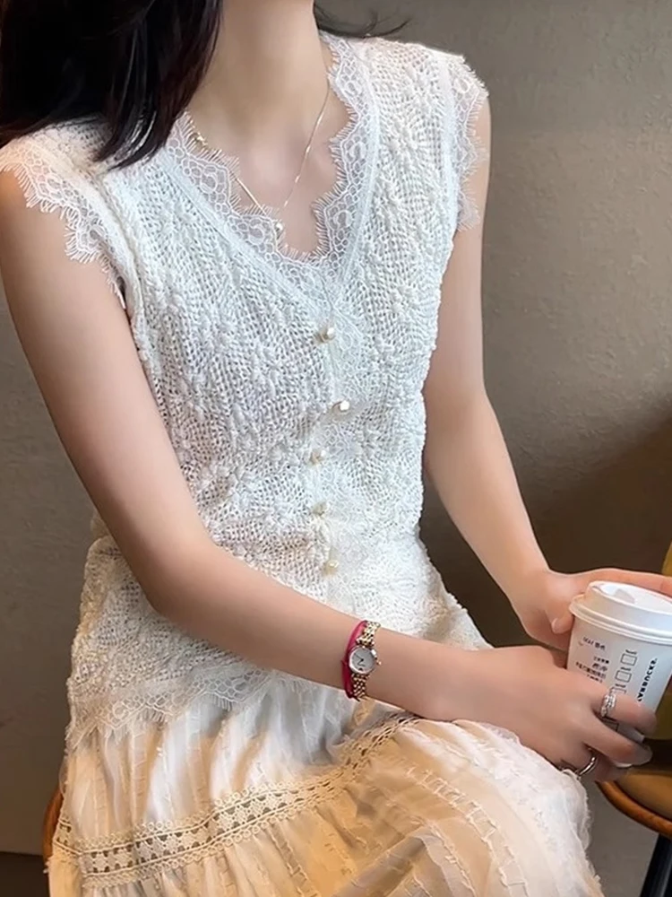 레이스 패치워크 스웨이드 탑 순색 여름 2025 여성 패션 레이어링 베스트 스몰 캐주얼 디자인 한국 스타일