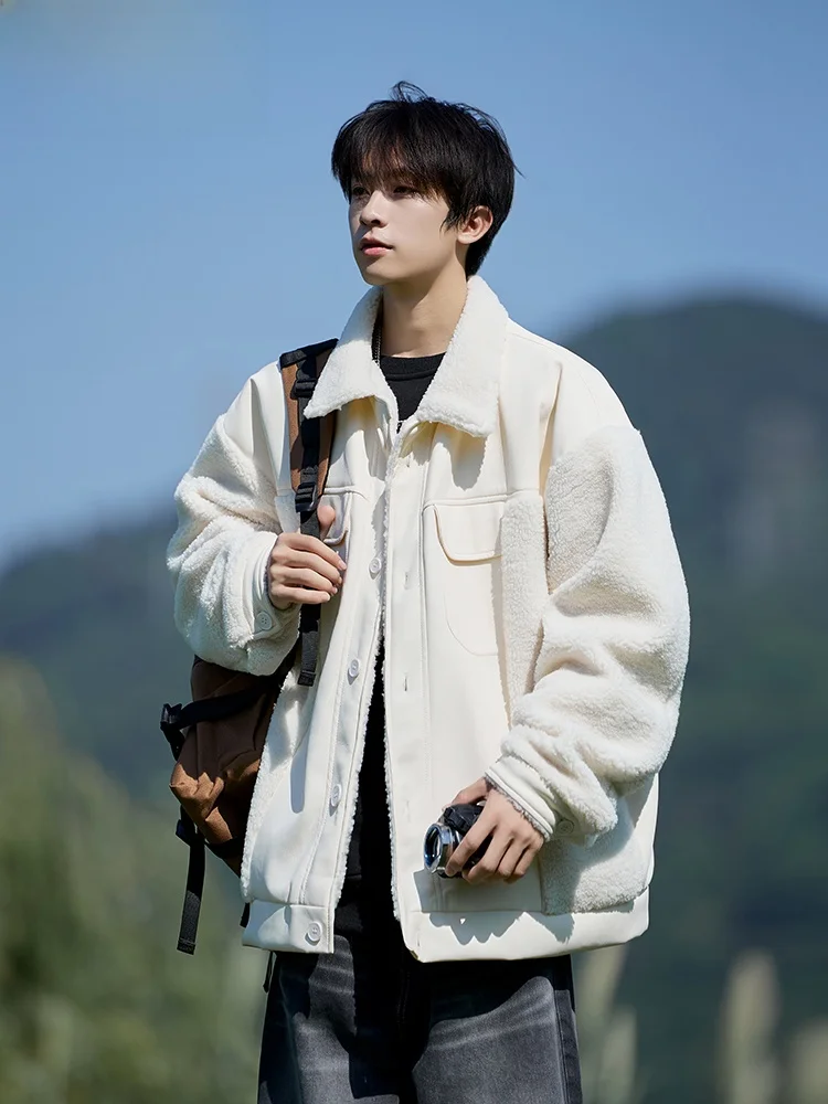 

Wassup Happy Men's Fce Lined PU Leather Cotton Jaet Autumn Winter Thiened Warm Patchwork Lamb Fur Coat Youth Faion