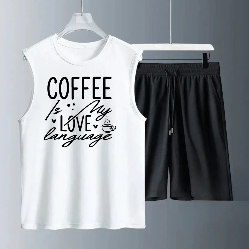 بدلة صدرية رجالية صيفية بدون أكمام مطبوعة على شكل قهوة Love بدون أكمام + بدلات شورت ملابس رياضية للرجال مجموعة البلوز التجفيف السريع #1