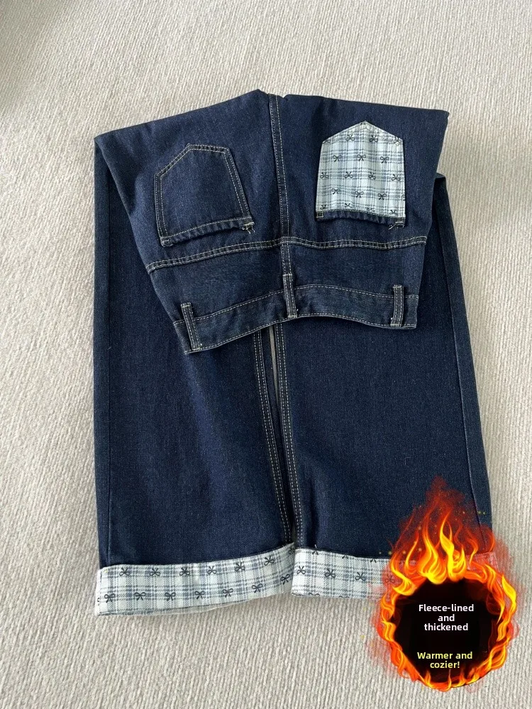 

Deep Blue Fleece Lined Thick Straight Leg Jeans Women's Winter New Loose High Waist Cuffed Wide Leg Pants Casual Fit Jeans