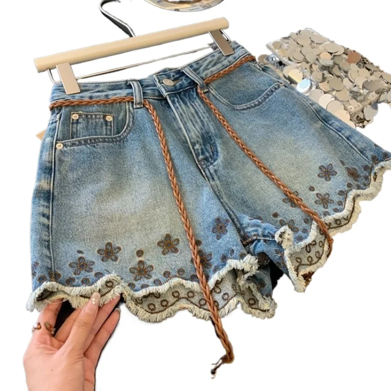 

New Chinese Style National Style Embroidered Fringed Retro Light Blue A-word Denim Shorts Women's Summer Thin Small Pants 2026