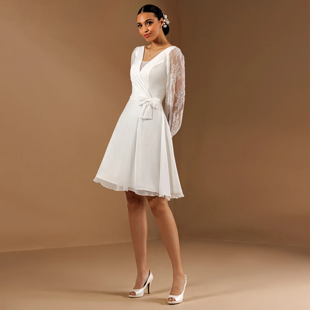 Simple Knee Length Wedding Dress V-Neck Long Sleeves A-Line Lace and Chiffon Bridal Civil Marriage Gowns with Bow and Pleat