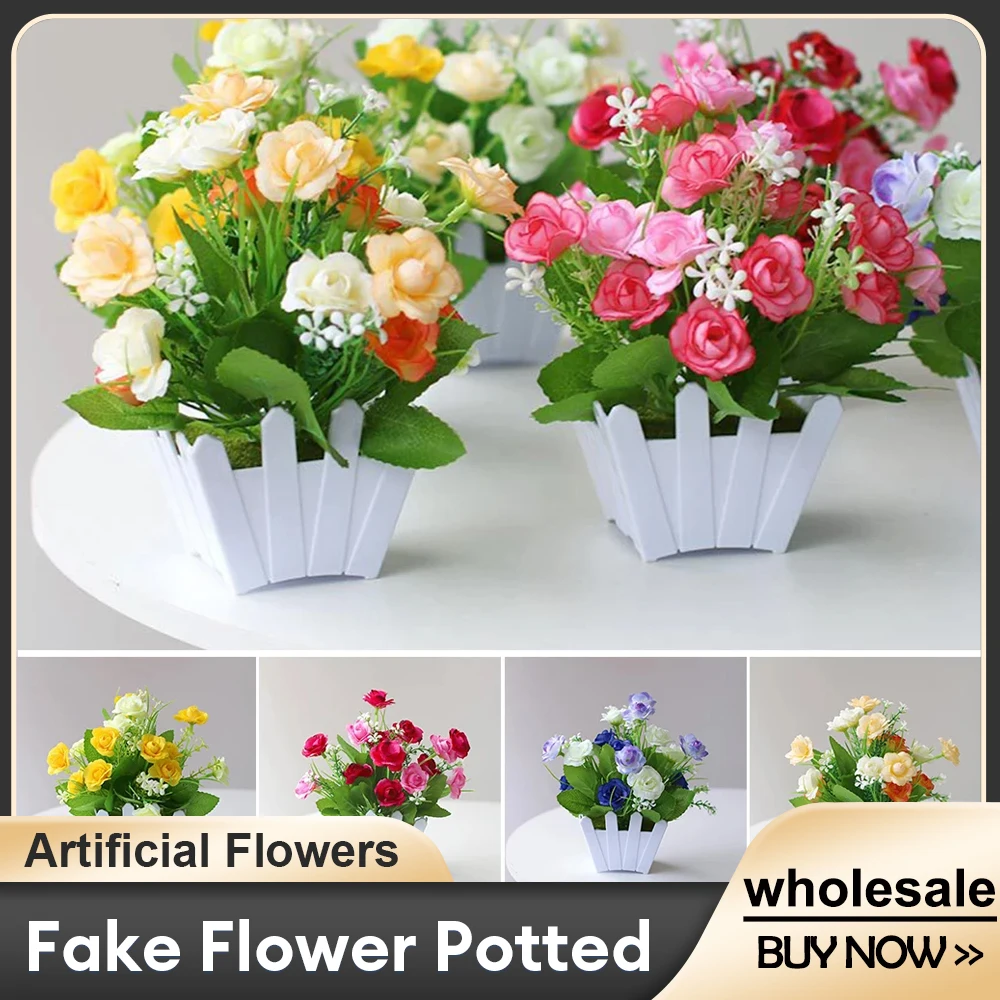 Artificial Flowers Home Decor Simulation Plant Plastic Fake Flower Potted Home Living Room Ornaments Rose Fence Flower Set