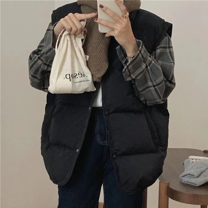 Single Breasted Cotton Vest Women Loose Sleeveless Cotton Jackets Woman Autumn Winter Stand Collar Warm Vest Outwear Mujer