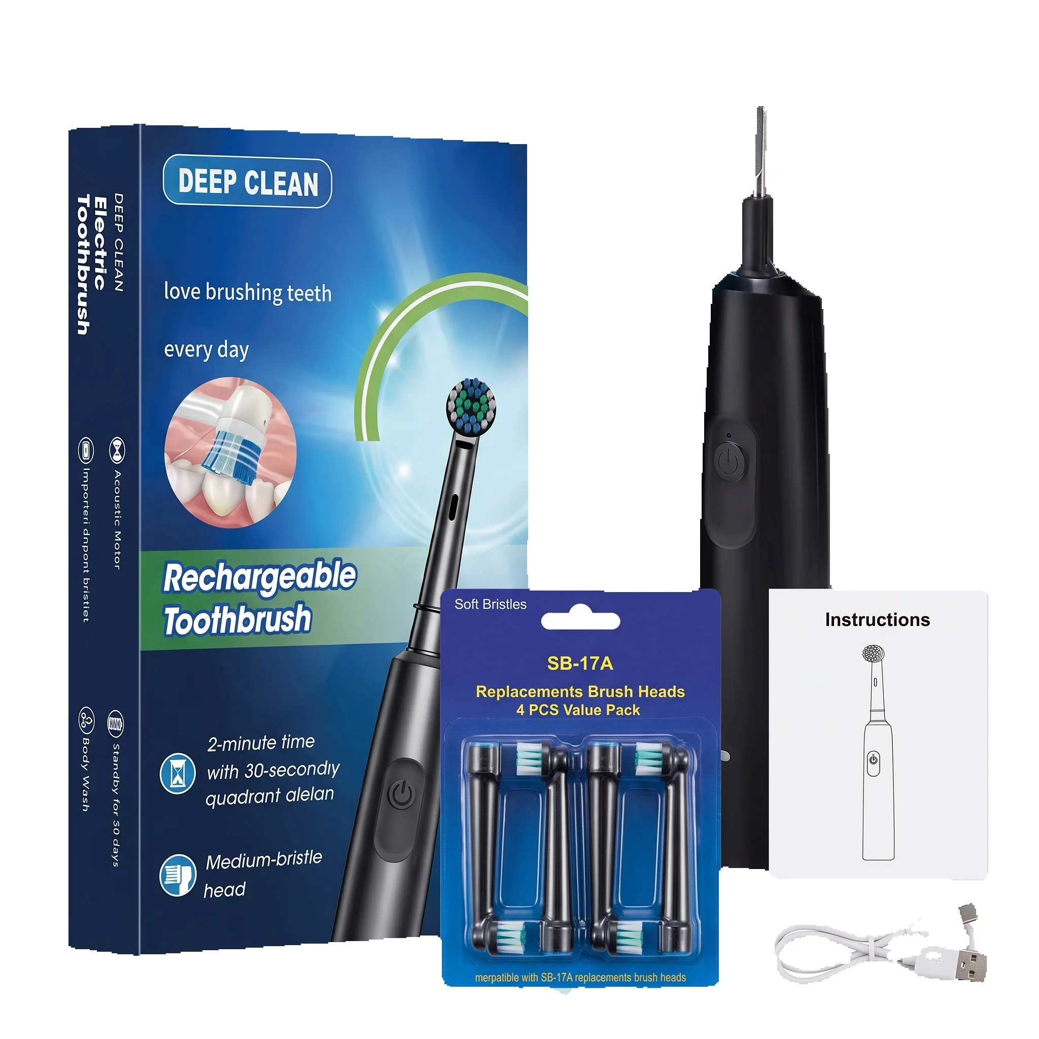 Akumulatorowa obrotowa szczoteczka elektryczna do czyszczenia jamy ustnej z 4 wymiennymi główkami, timerem na 2 minuty, szczoteczka do głębokiego czyszczenia. (Black) — Zdjęcie 2 z 2