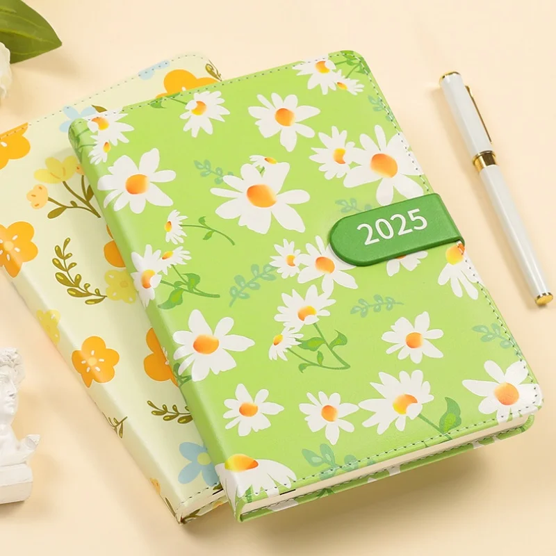 2025 Flower Daily Planners A5 Soft PU Leather 96 Sheet Agenda Notebook Time Management Efficiency Notepad Office School Supplies