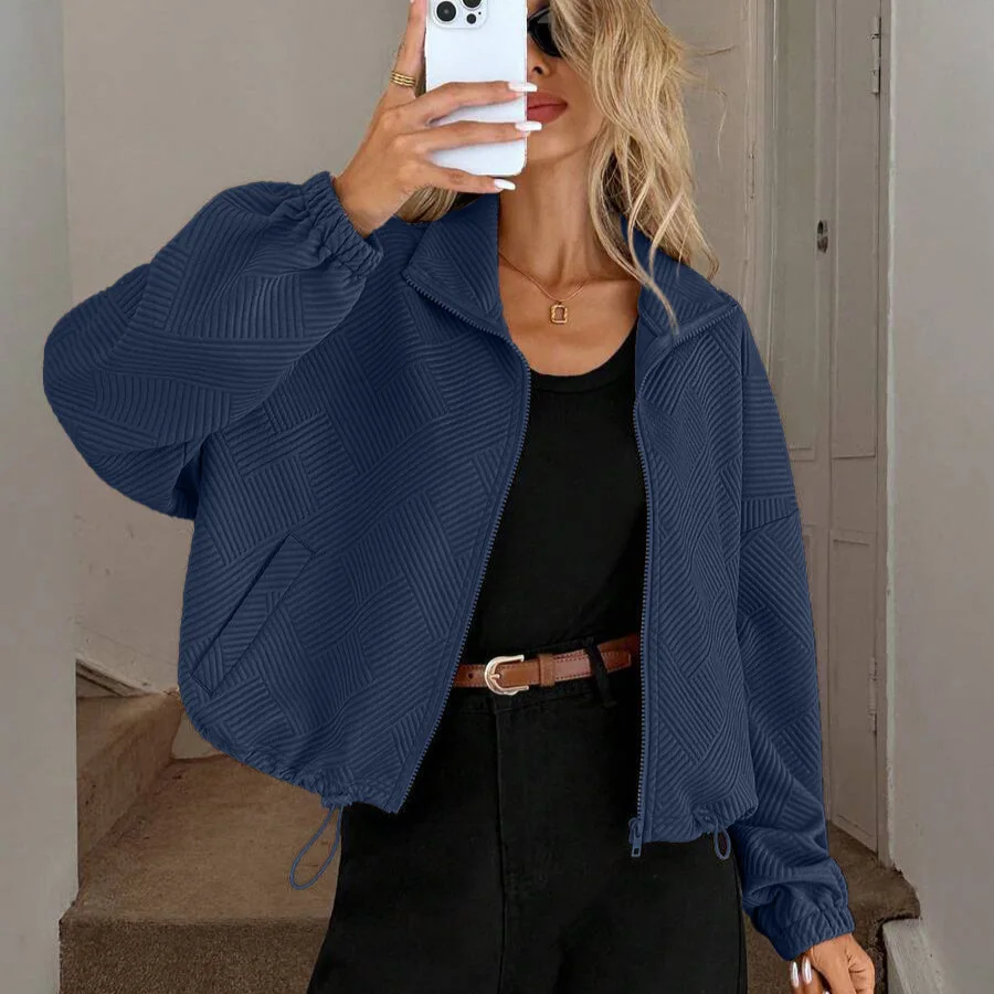 Women's Solid Color Textured Zip Jacket Stand Collar Drawstring Hem Bubble Sleeves Stylish Casual Daily Streetwear Outerwear