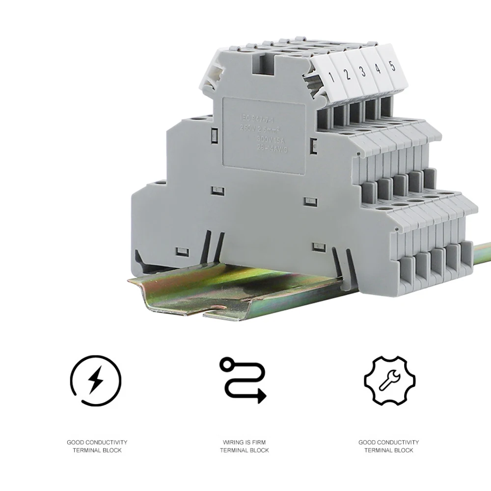 DIKD1.5 3 Layer Terminals Electrical Connector 0.2-2.5 mm² DIN Rail Sensor Brass Terminal Block 10PCS