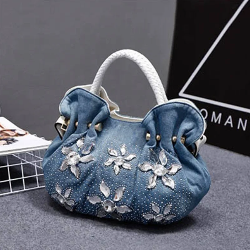 New Luxury Women Denim Bags Sweet Blue Pattern High Quality Handbags With  Purses Diamond Ladies Tote Bag Messenger Bags