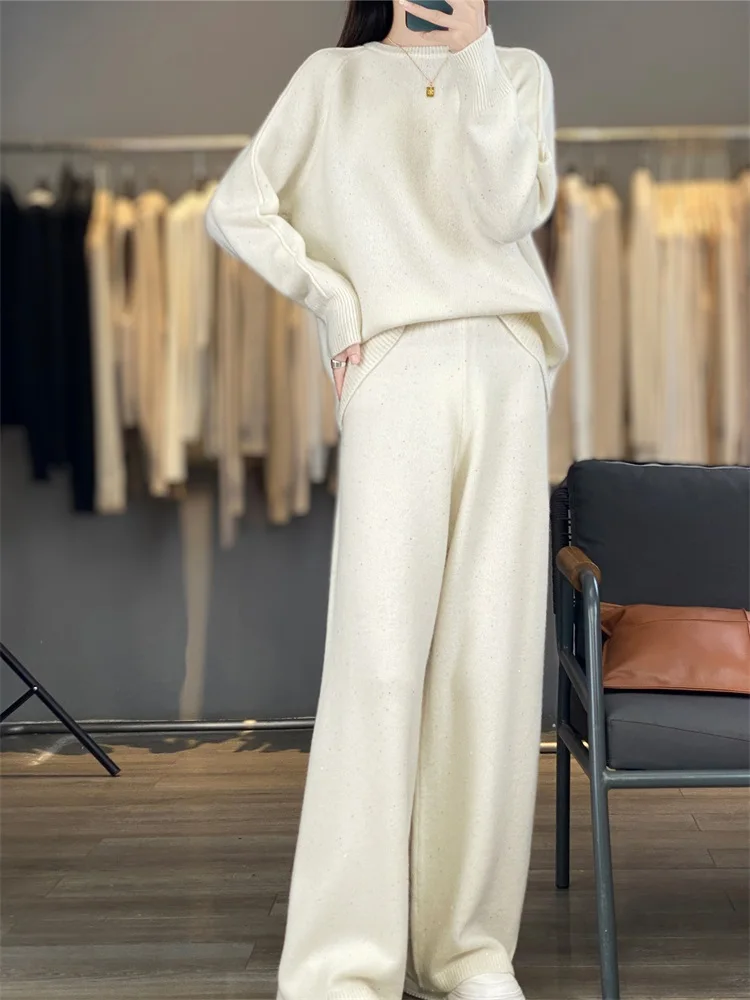 Women's Matching Set 100% Merino Wool Round Neck Sequined Sweater Casual Knitted Pants 2-Piece Set Fashionable Women's Clothing