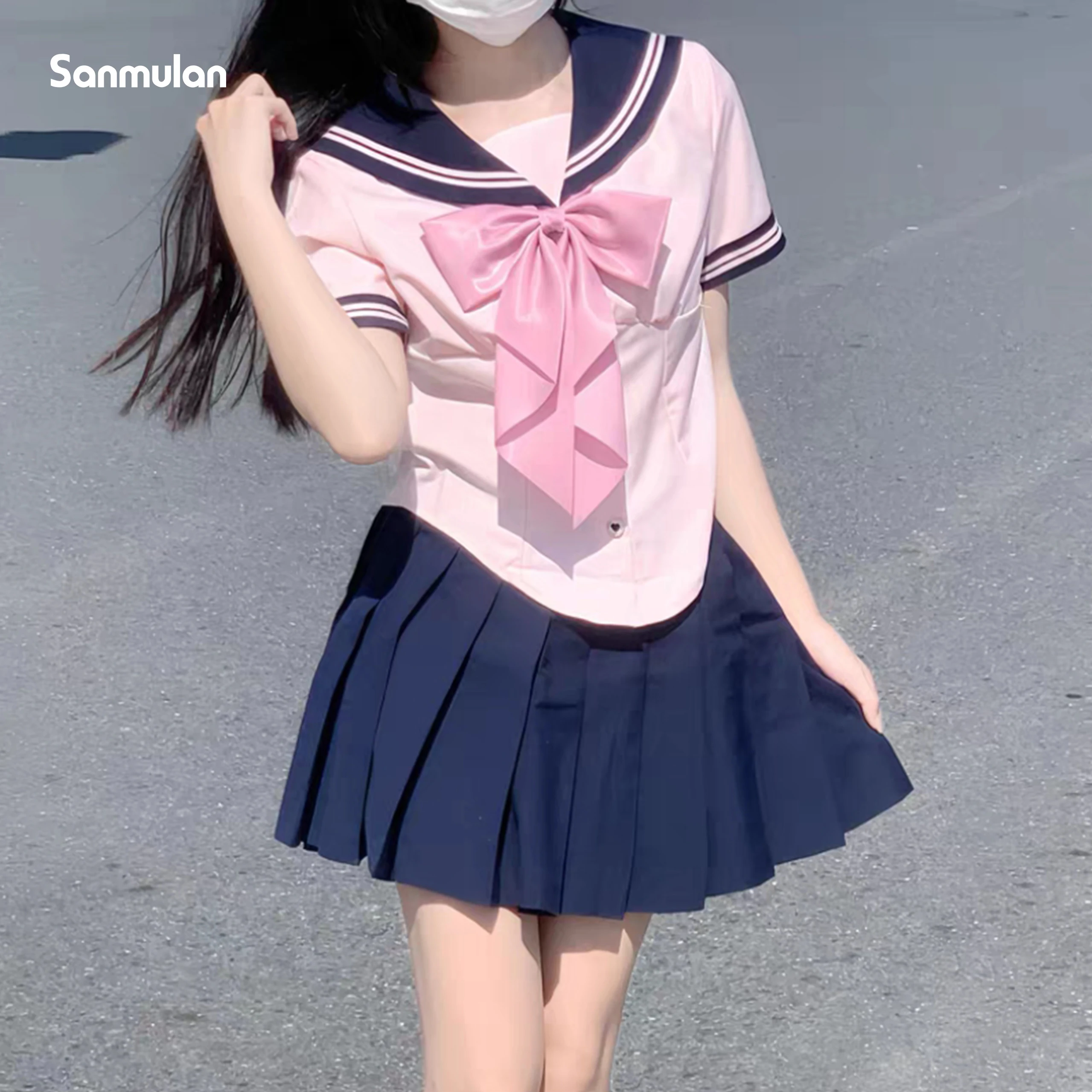 

New Girls Movie Anime Cosplay Summer School Uniform Skirt Summer Waist Sailor Jk Uniform Pink Bow Tie Top And Pleated Skirt