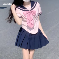 女の子のためのアニメ映画のコスプレ制服スカート,セーラースタイルの夏服,ピンクの蝶ネクタイトップ,プリーツスカート,新品