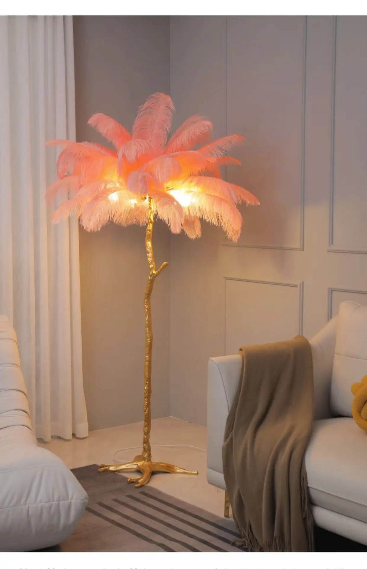 Ostrich Feather Floor Lamp for wedding party dec Luxury Camel Color Tree Branch Corner Standing Atmosphere Decor LED Lighting