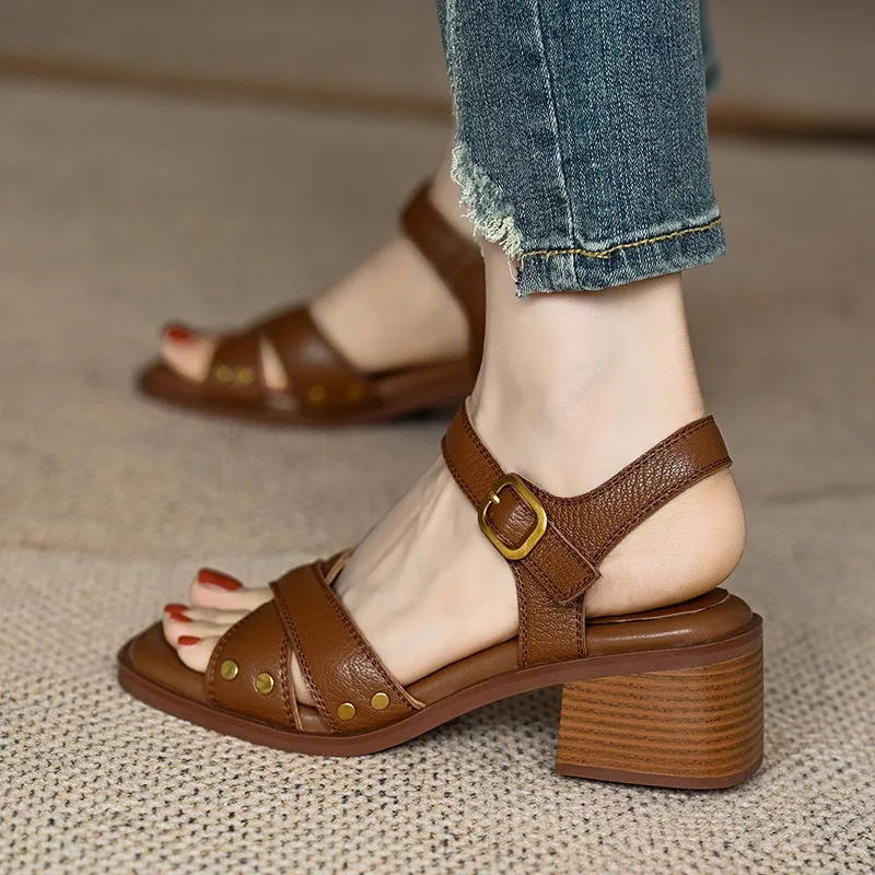 

Women's Summer Mid-heel Open-toe Sandals with Empty Back Cross Straps Elegant Woman Heeled Shoes 2026 Trend commuting High Heels