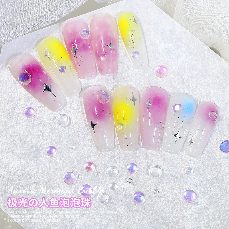 100PCS Glitter Aurora Pink Clear Flatback Mermaid Bead Semi-ball Bubble Nail Art Rhinestones Jewel Decorations Manicure Charms