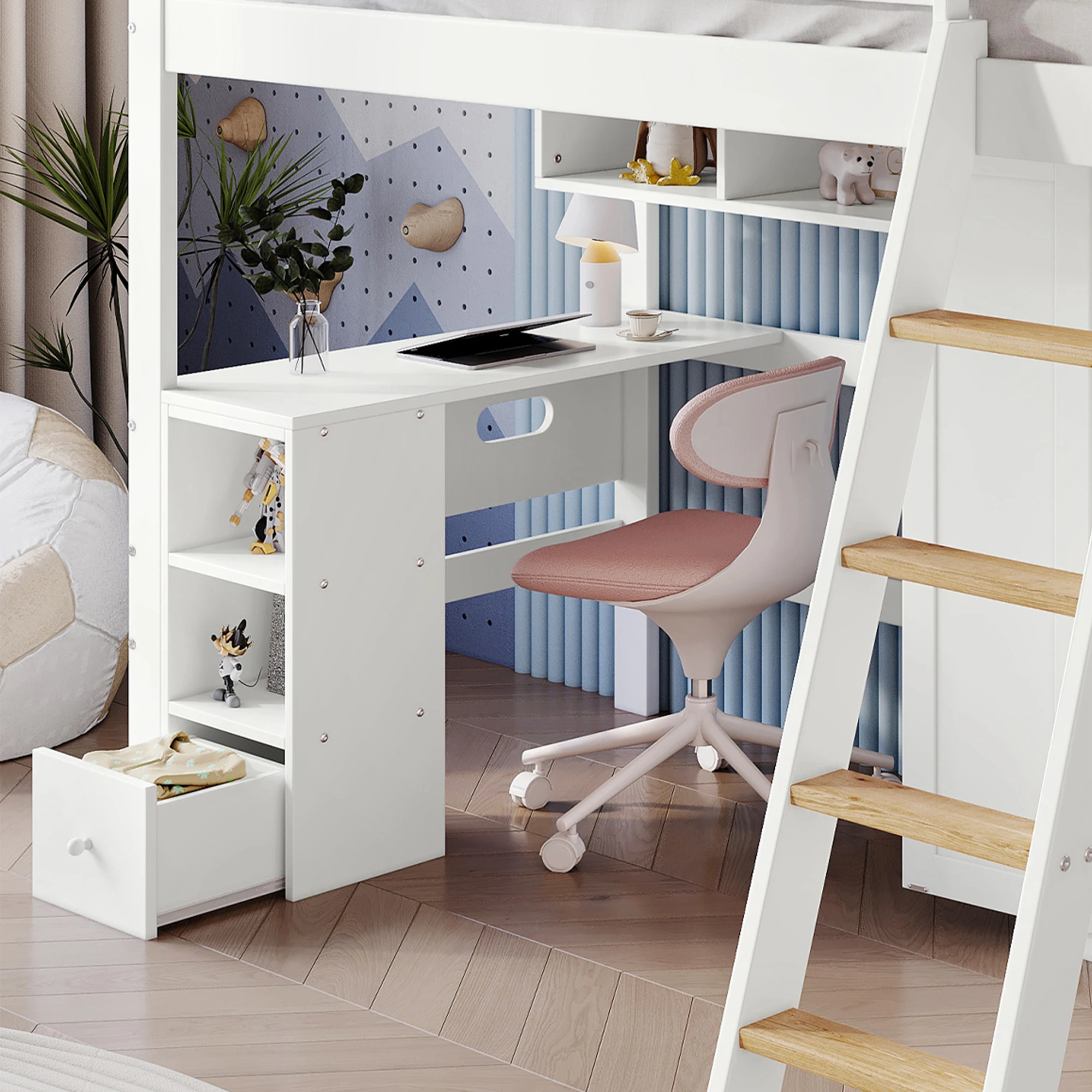 PINGGO Etagenbett für Kinder mit Fallschirmschutzgeländer, Schreibtisch, Kleiderschrank, Stauraum, 4-Stufen-Leiter, Kiefer, MDF, Sperrholz, Weiß, 90x200cm, ohne Matratze – Detail 3