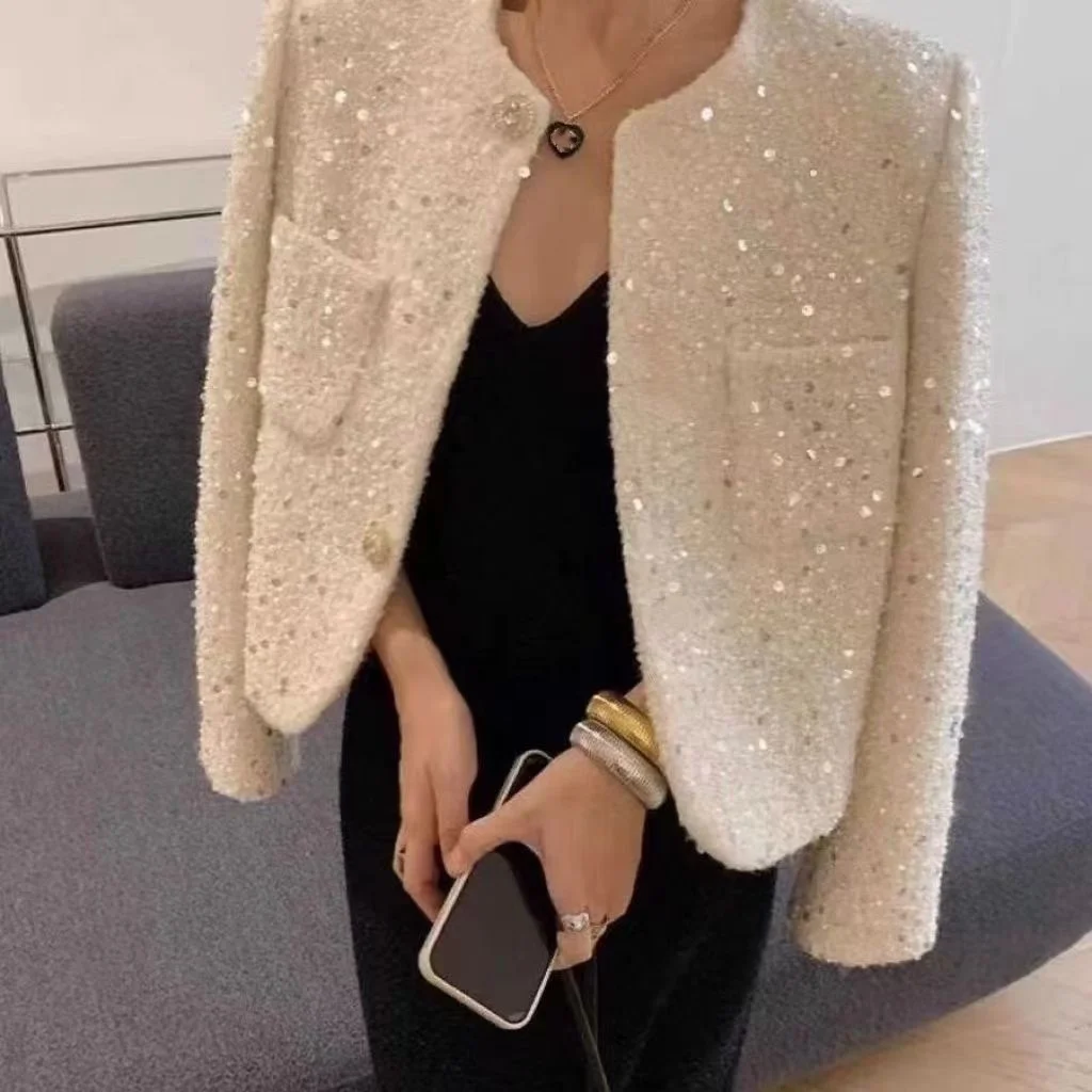 Women Chic Sequins Sweet Tweed Jacket Elegant Long Sleeve Slim Coat Fashion O-Neck Spring Autumn All Match New Tops