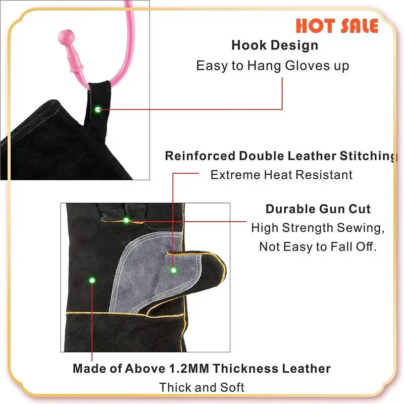 ABFA زوجان من القفازات الجلدية المقاومة للحرارة والحريق مع خياطة، قفازات سوداء مثالية 16 بوصة و14 بوصة