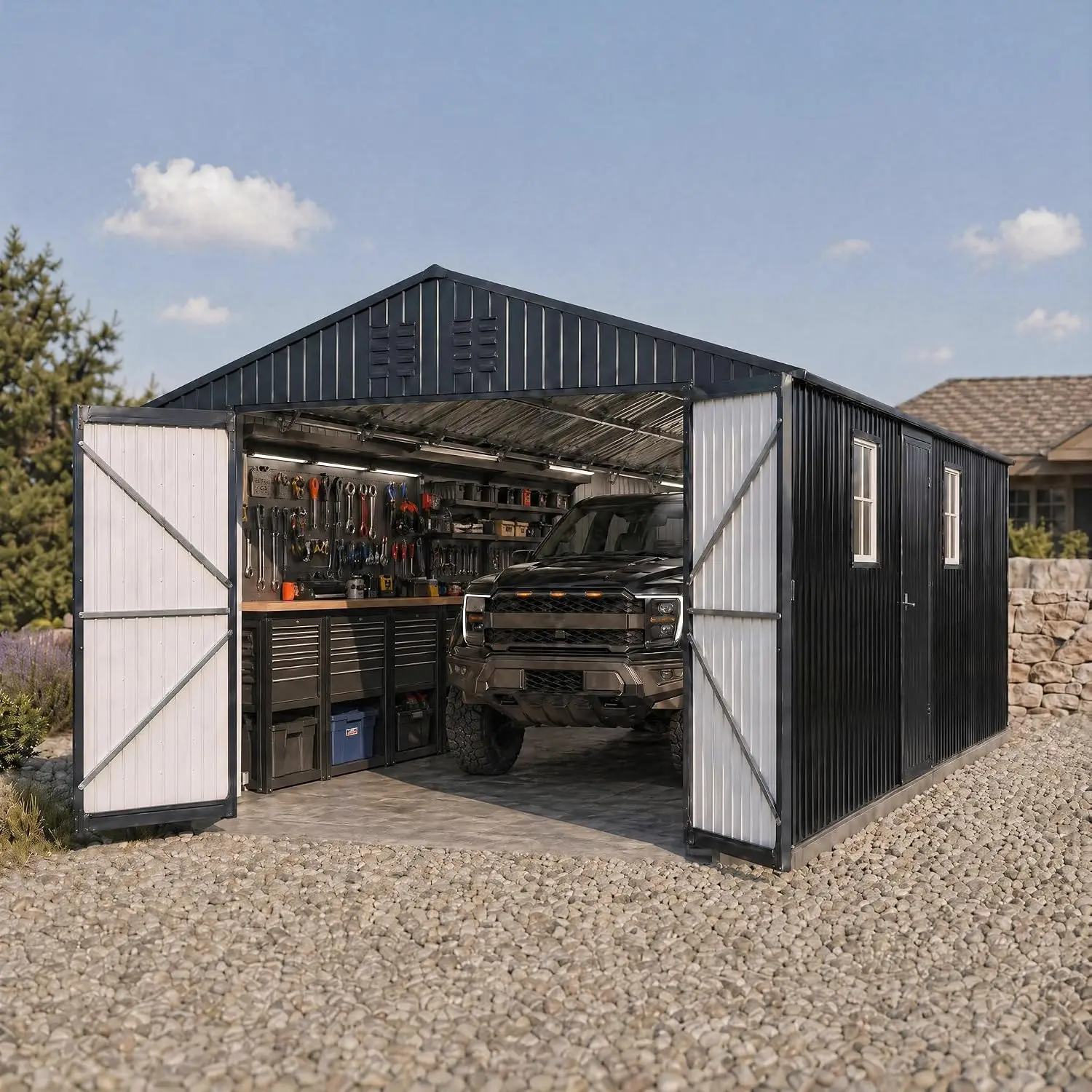 12x20 FT Metal Garage Shed, Outdoor Extra Large Storage Shed with Double Hinged Doors, 4 Windows, Heavy Duty Carport, Custom