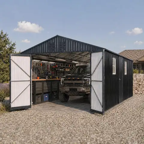 12x20 FT Metal Garage Shed, Outdoor Extra Large Storage Shed with Double Hinged Doors, 4 Windows, Heavy Duty Carport, Custom