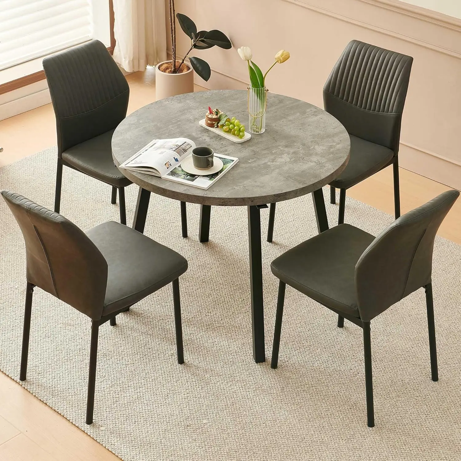 Dining Chairs Set Of 4, Modern Mid- Kitchen Chairs Upholstered Leather Pu Grey Living Room Chairs Comfortable, Metal Legs
