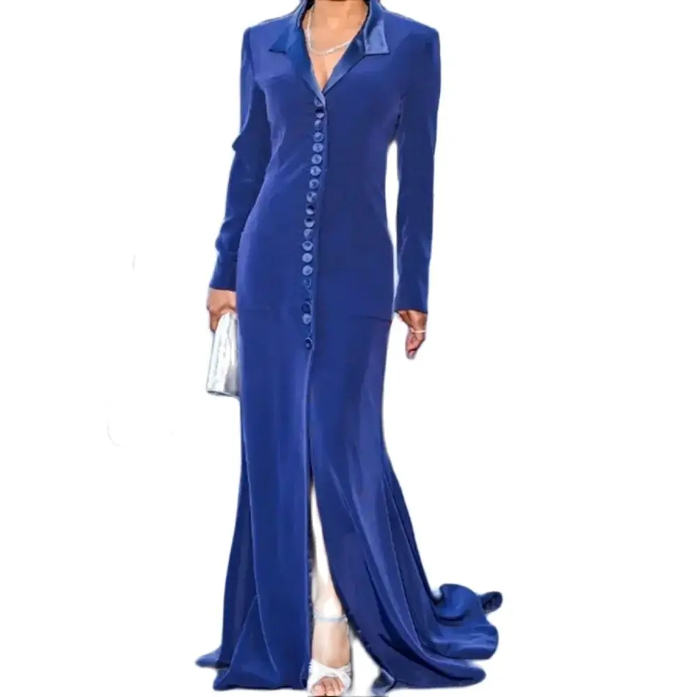 

Elegant Blue Silk Luxury Women Evening Dress V-Neck Floor Length Sexy Split Trumpet Celebrity Dress فساتين سهرات Robes De Soirée