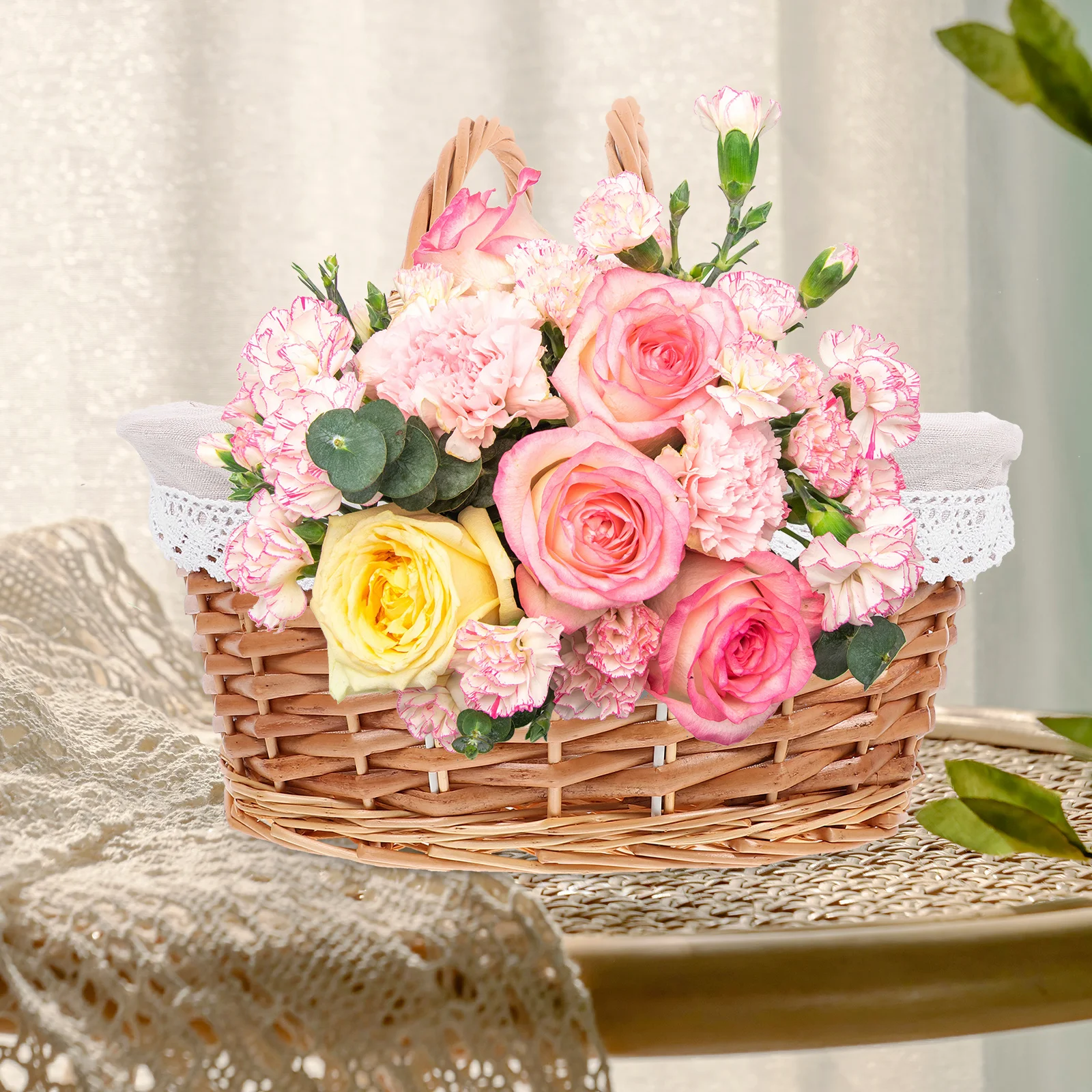 

Woven Picnic Basket Handmade Storage Container for Bread Fruits Snacks Kitchen Pantry Organization Rustic Design Basket